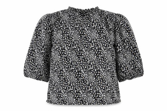 Front view of F&F women’s black animal print viscose basic blouse, size UK 10, round neck - leopard pattern