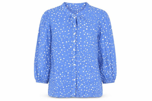 Front view of Preworn women’s blue geometric viscose basic button-up, size S, round neck