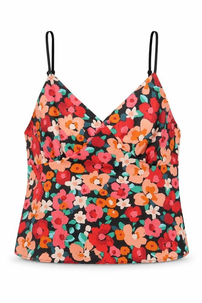 Front view of Primark women’s multicoloured floral polyester cropped tank, size M, v-neck
