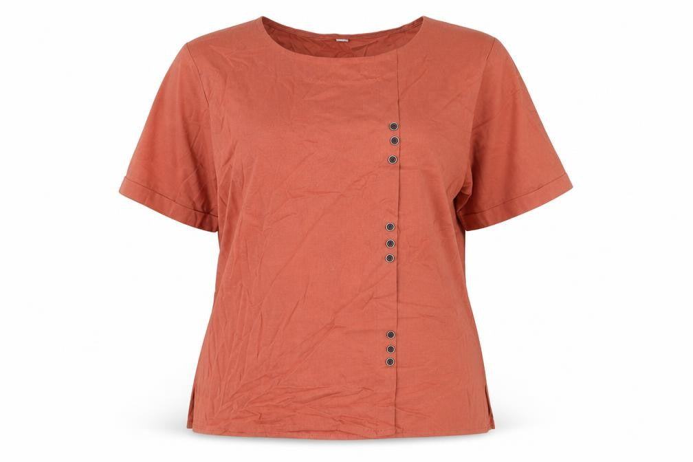 Front view of Day You women’s beige cotton basic blouse, size XL, round neck