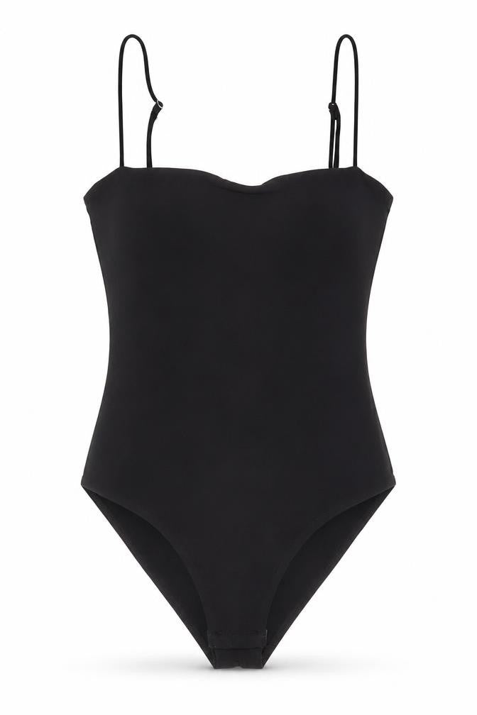 Front view of H&M women’s black polyester bodysuit one-piece, size UK 10, snap