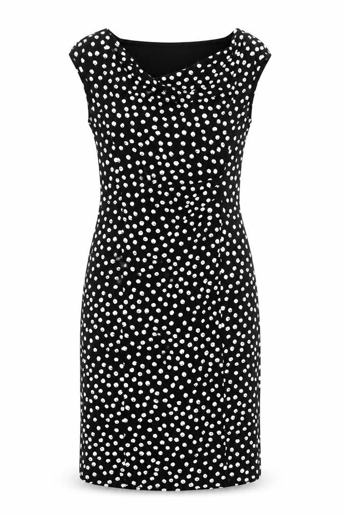 Front view of Pieces women’s black polka dot polyester a-line, size UK 10, v-neck pullover