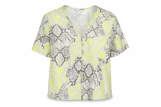 Front view of New Look women’s yellow animal print polyester basic button-up, size UK 8, v-neck - snake print