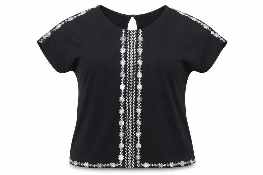 Front view of New Look women’s black geometric cotton basic blouse, size UK 12, round neck