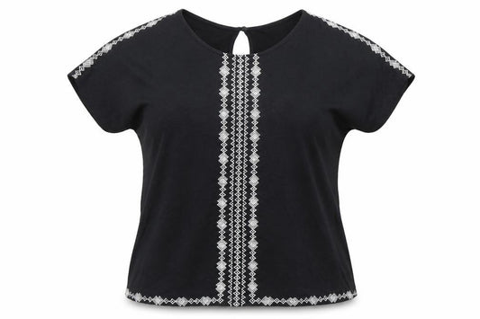 Front view of New Look women’s black geometric cotton basic blouse, size UK 12, round neck