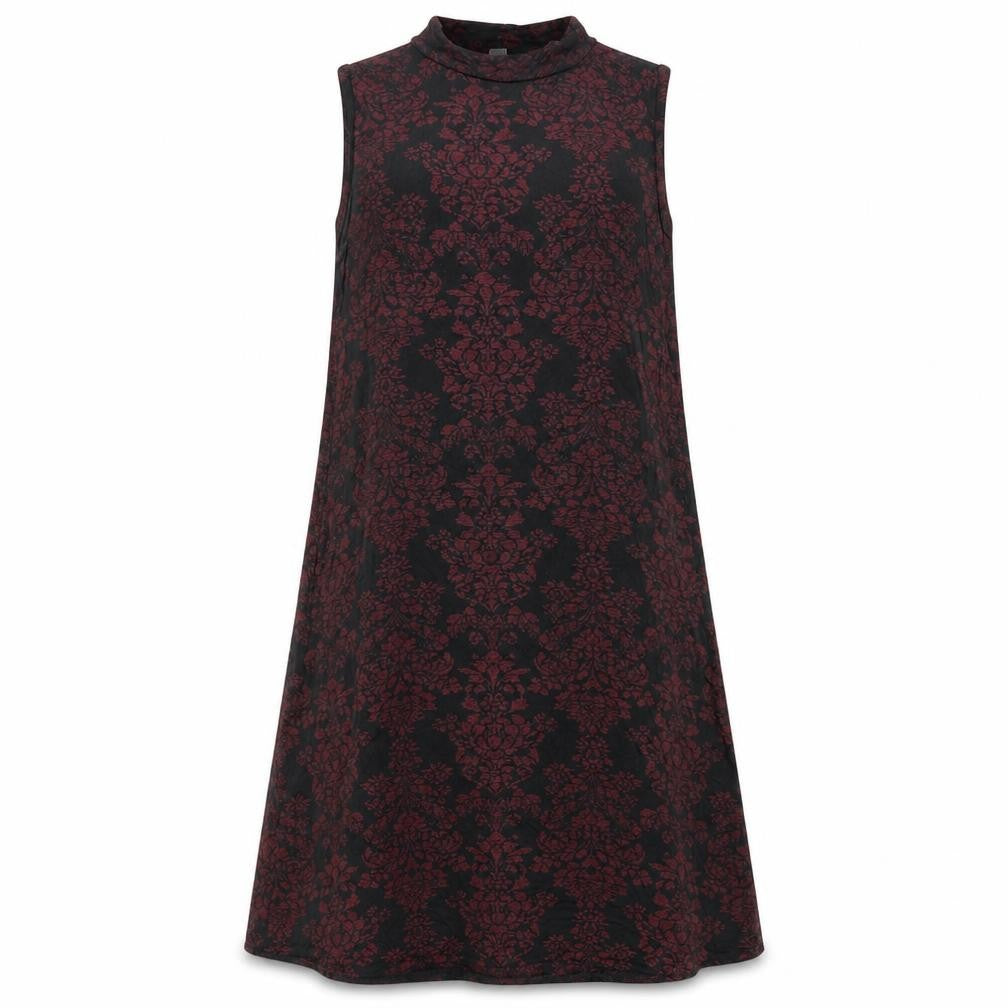 Front view of Therapy women’s red geometric viscose a-line, size XS, mock neck pullover