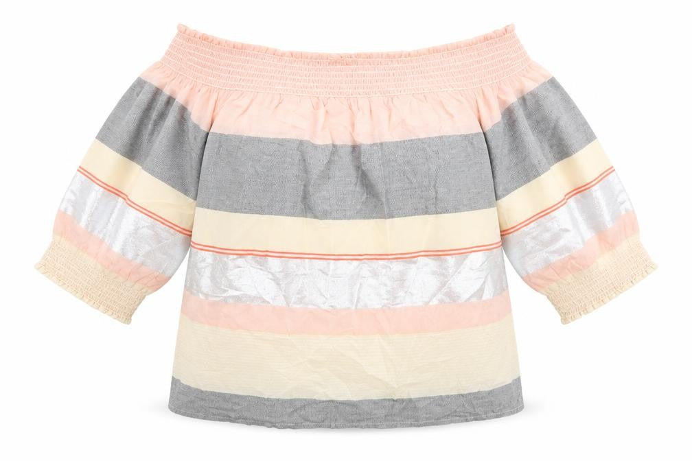 Front view of F&F women’s multicoloured colourblock cotton basic blouse, size UK 14, off the shoulder