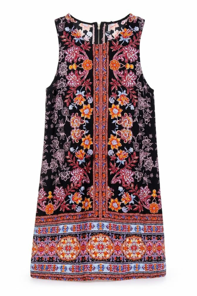 Front view of IZABEL women’s multicoloured geometric viscose a-line, size UK 12, round neck zip