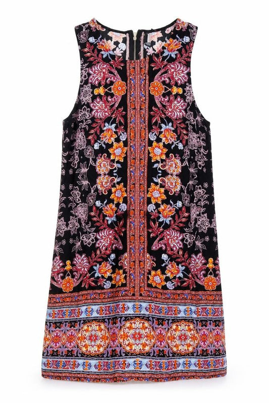 Front view of IZABEL women’s multicoloured geometric viscose a-line, size UK 12, round neck zip