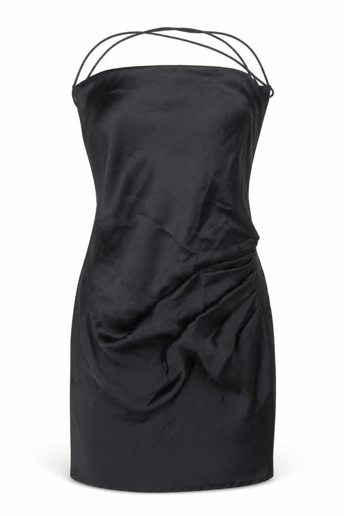 Front view of Zara women’s black polyester shift, size S, cowl neck zip