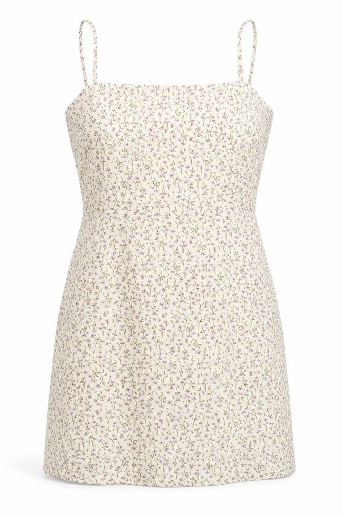 Front view of Nasty Gal women’s beige geometric polyester shift, size UK 6, square neck zip