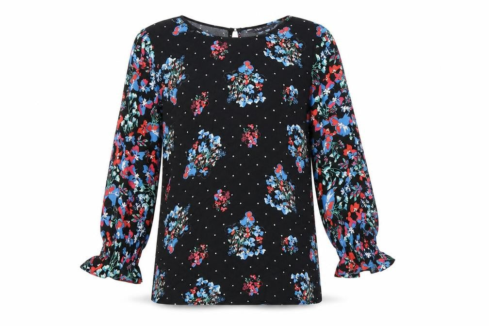 Front view of Marks & Spencer women’s black floral viscose basic blouse, size UK 8, boat neck