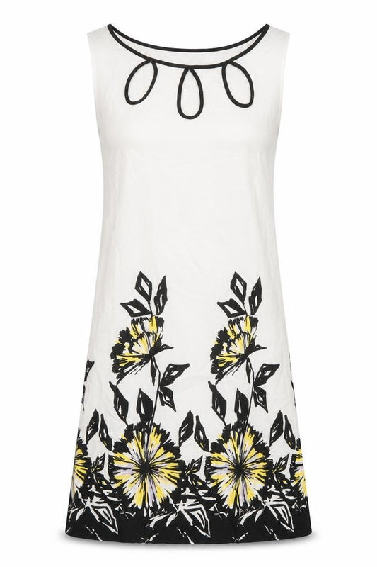 Front view of Moda women’s white cotton a-line, size UK 12, round neck tie - flower detail