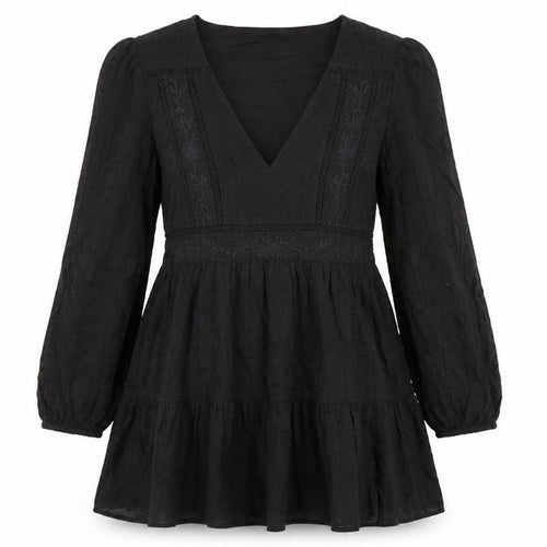 Zara Womens Black 100% Cotton Fit & Flare Size M V-Neck Zip