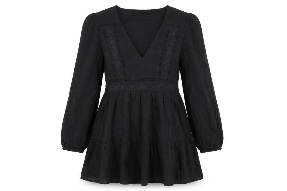 Zara Womens Black 100% Cotton Fit & Flare Size M V-Neck Zip