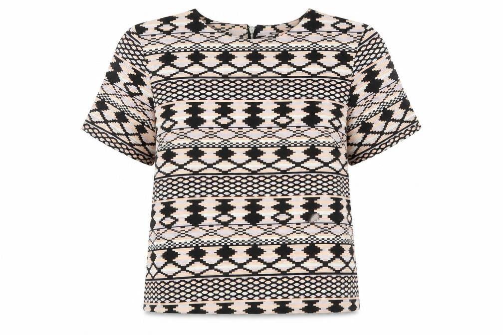 Front view of Miss Selfridge women’s multicoloured geometric cotton basic t-shirt, size UK 8, round neck