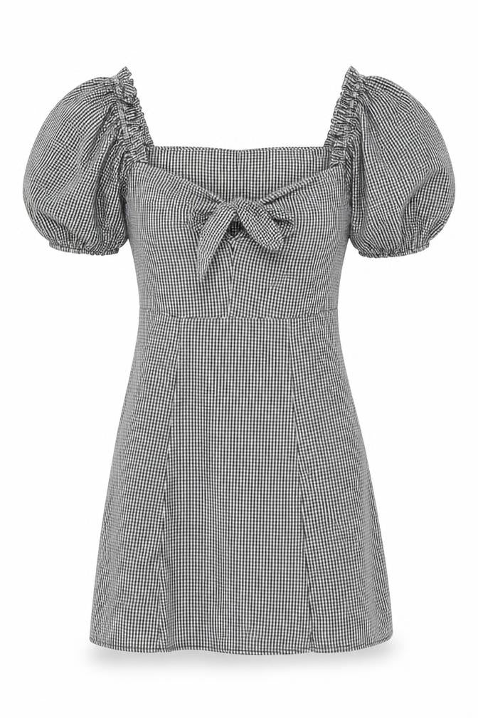 Front view of Miss Selfridge women’s grey gingham polyester mini, size UK 6, sweetheart zip