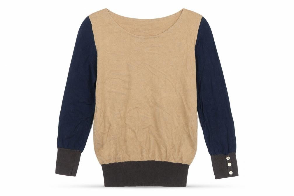 Front view of Next women’s brown scoop neck acrylic jumper, size UK 10, - colourblock