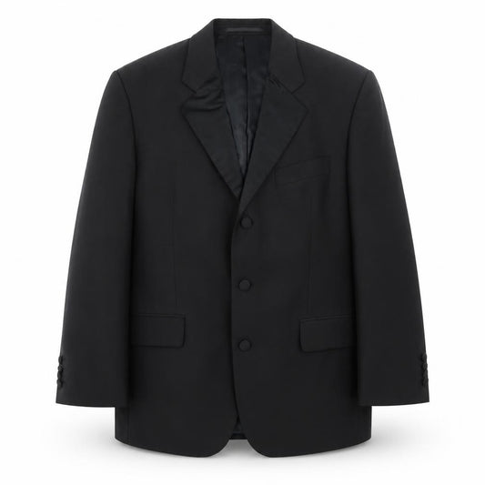 Front view of Youngs men’s black polyester jacket blazer, size L, regular