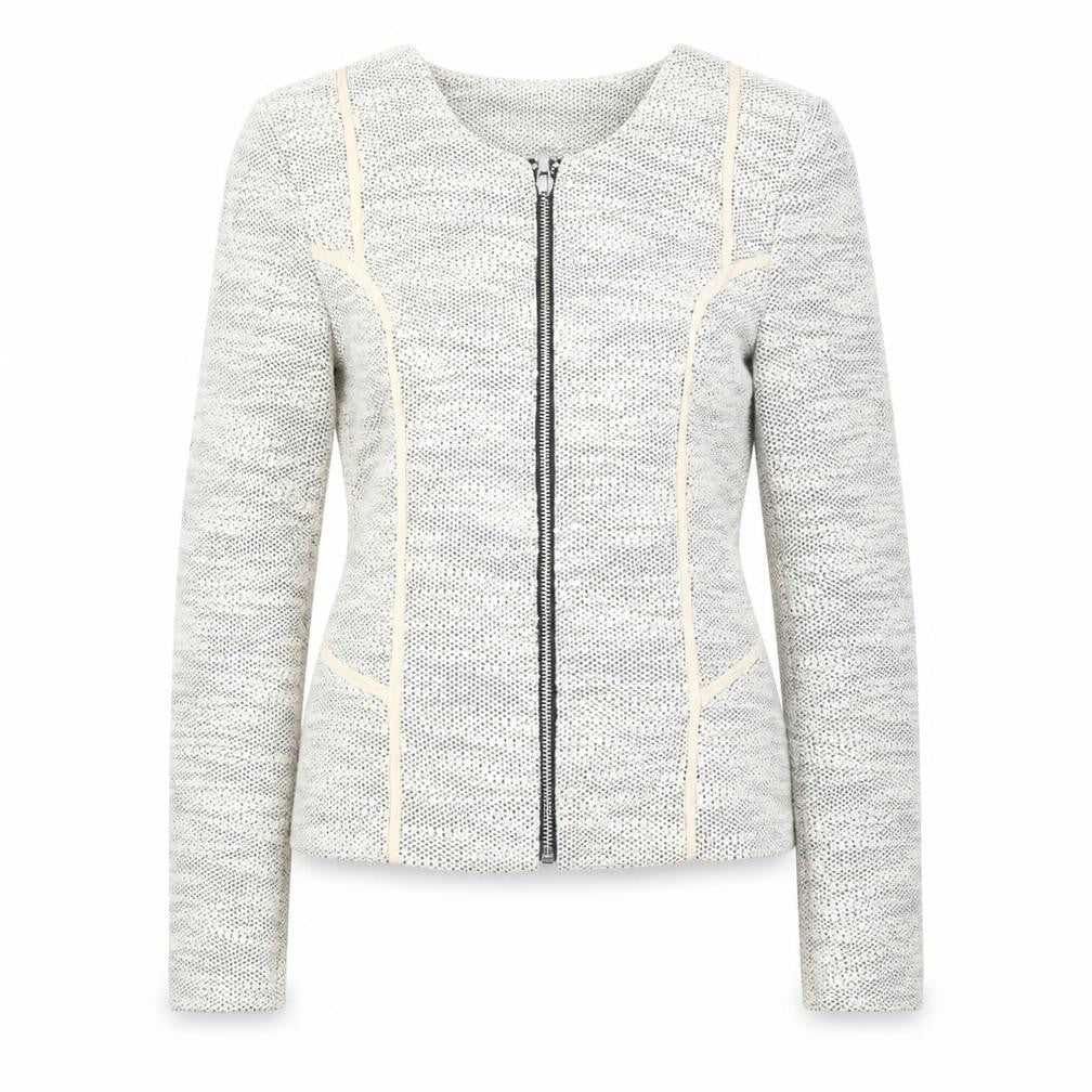 Front view of H&M women’s ivory geometric jacket, size UK 8, zip