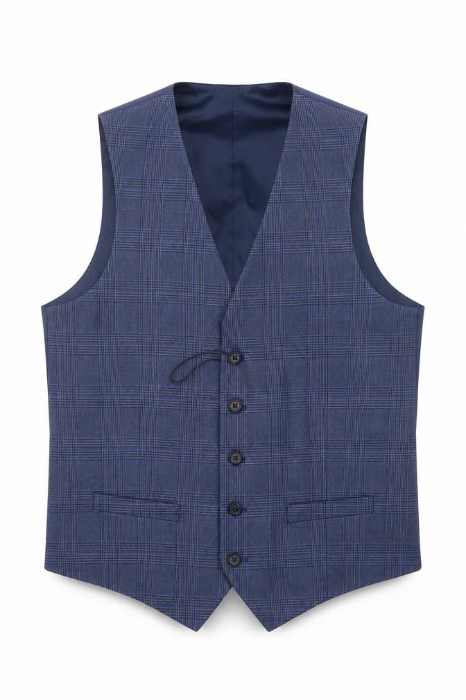 Front view of Marks & Spencer men’s blue plaid polyester jacket suit waistcoat, size M, regular