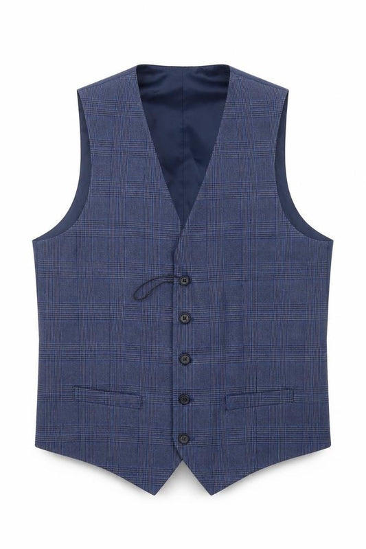 Front view of Marks & Spencer men’s blue plaid polyester jacket suit waistcoat, size M, regular