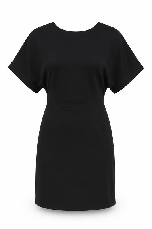 Front view of ASOS women’s black polyester a-line, size UK 8, scoop neck zip