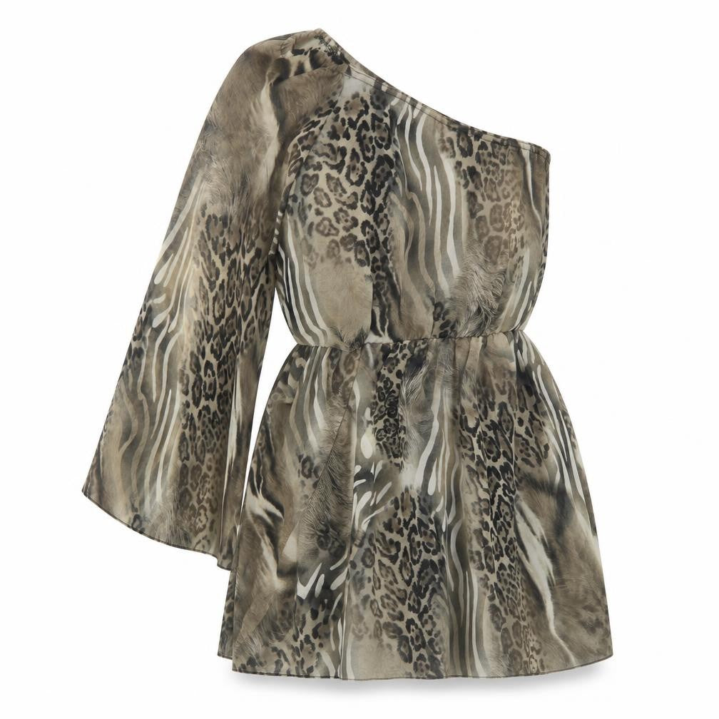 Front view of Heaven Sent women’s brown geometric polyester a-line, size UK 14, one shoulder pullover