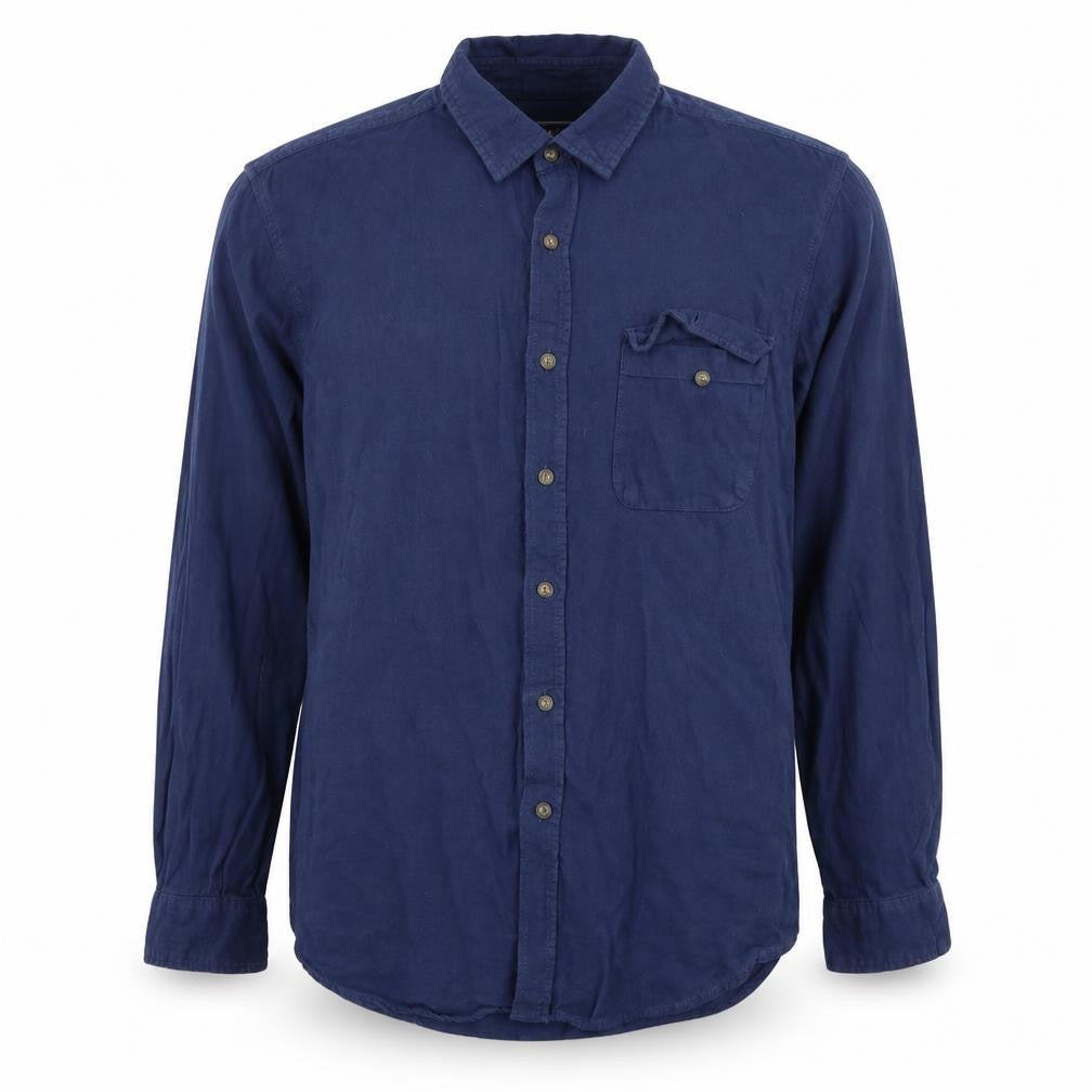 Front view of Topman men’s blue cotton button-up, size L, collared button