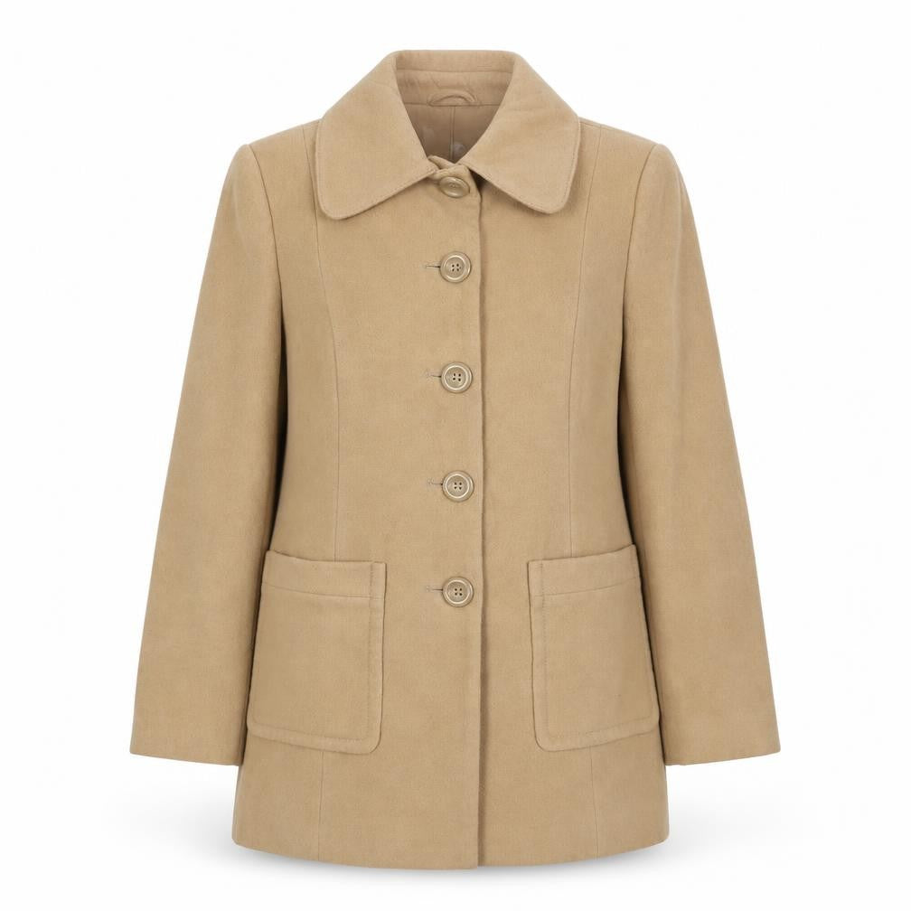 Front view of EWM women’s beige pea coat coat, size UK 12, button