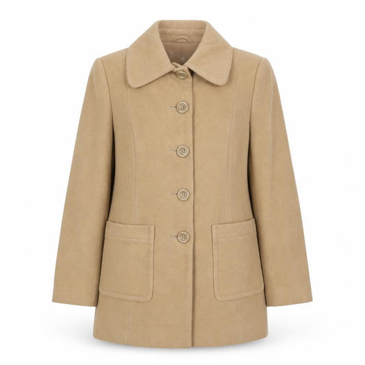 Front view of EWM women’s beige pea coat coat, size UK 12, button