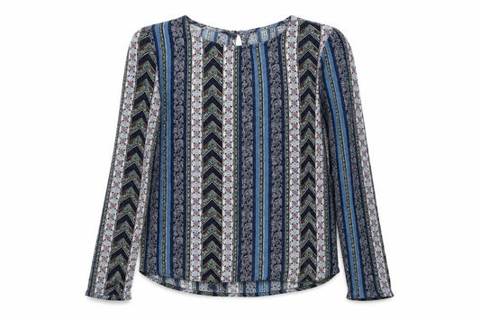 Front view of H&M women’s blue striped viscose basic blouse, size UK 8, round neck