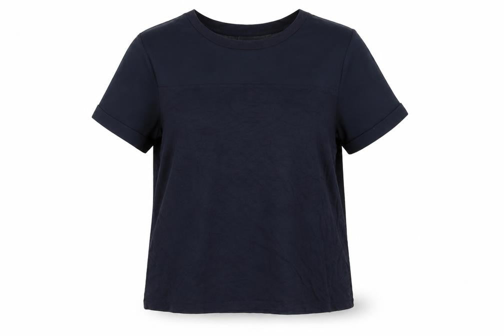 Front view of Warehouse women’s blue viscose basic t-shirt, size UK 14, round neck