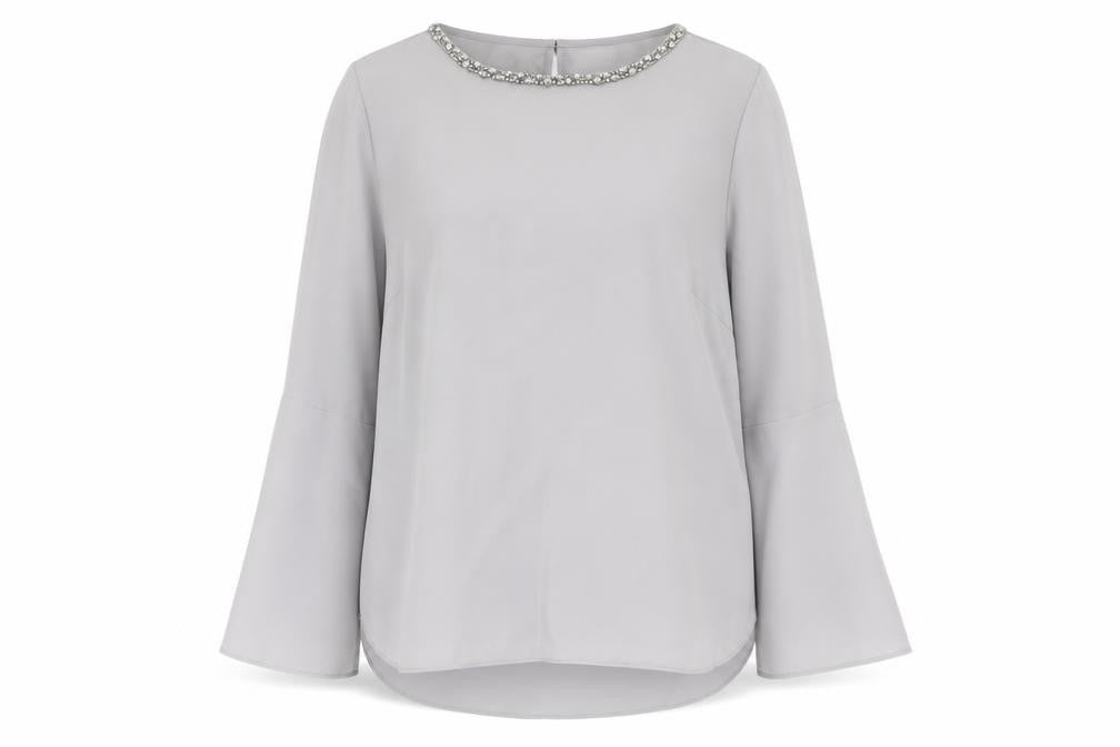 Front view of Preworn women’s grey polyester basic blouse, size L, boat neck - flute sleeve