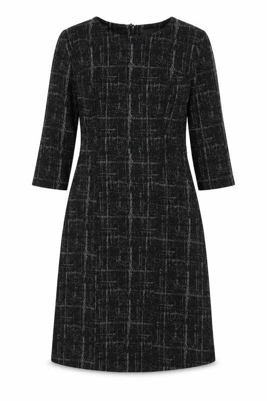 Front view of Next women’s black geometric polyester a-line, size UK 10, boat neck zip