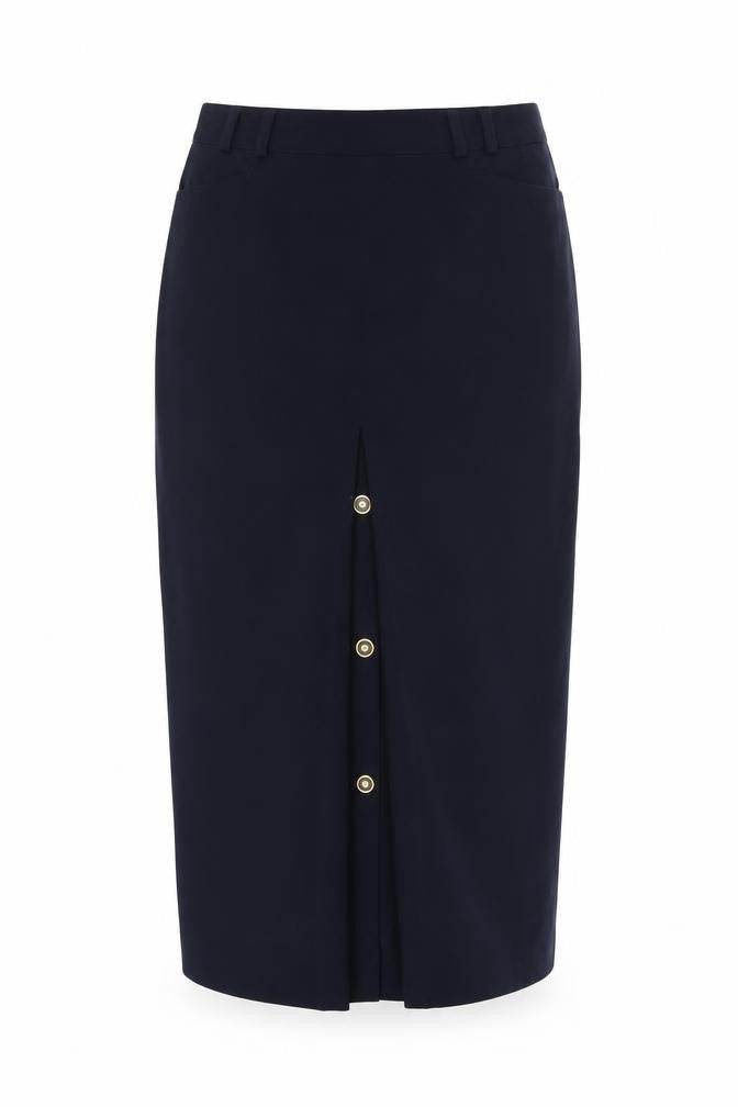 Front view of Hammerschmid women’s blue polyester straight & pencil skirt, size UK 10, zip