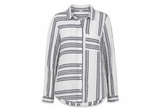 Front view of M&Co women’s grey striped cotton basic button-up, size UK 10, collared