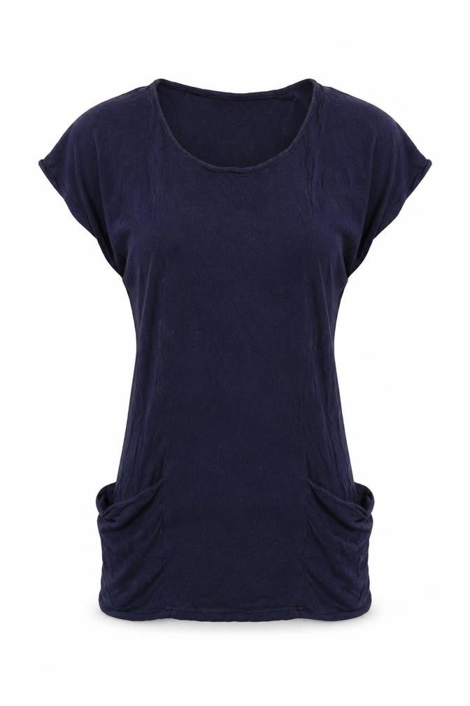 Front view of Topshop women’s blue viscose basic t-shirt, size UK 8, round neck