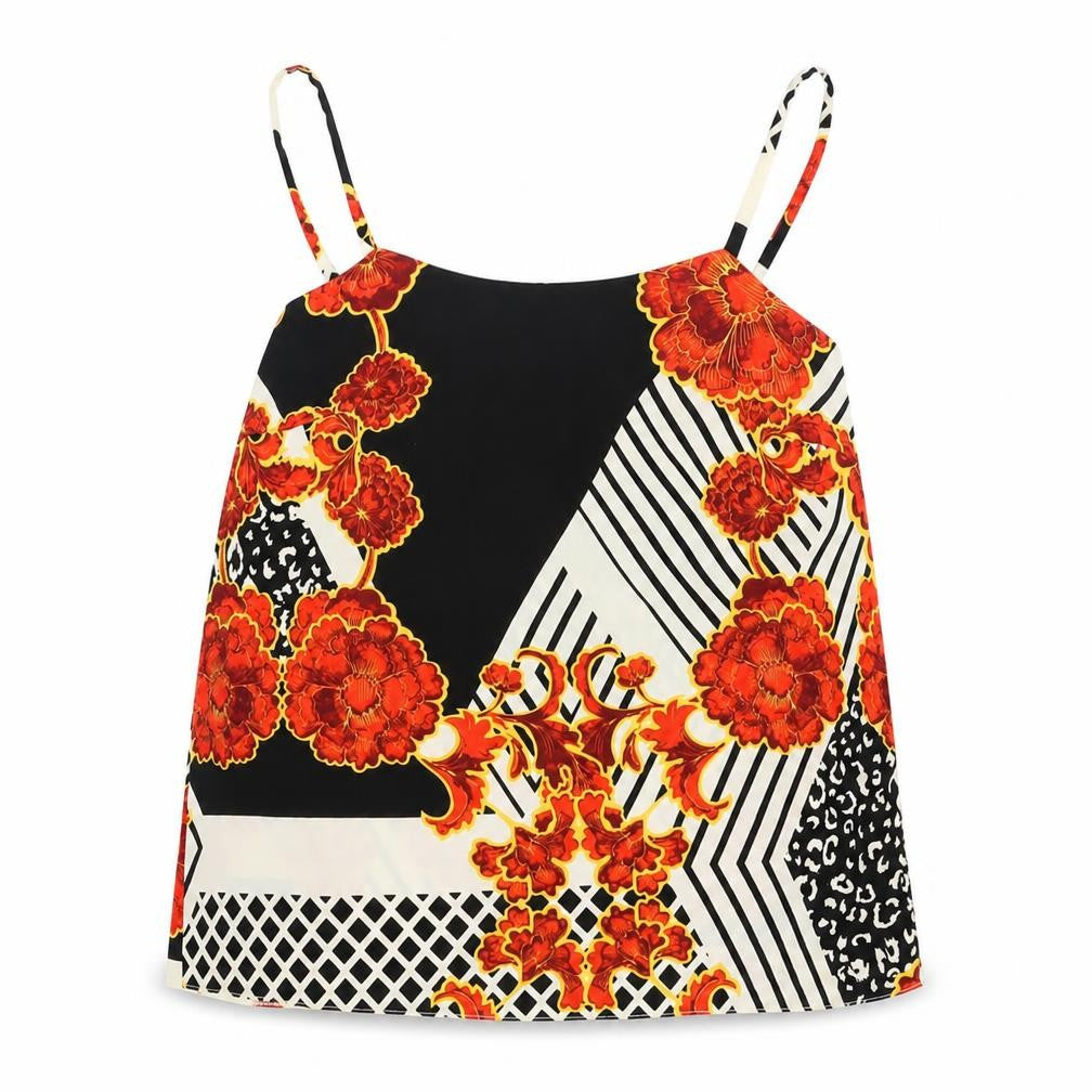 Front view of River Island women’s multicoloured geometric polyester camisole tank, size UK 10, scoop neck