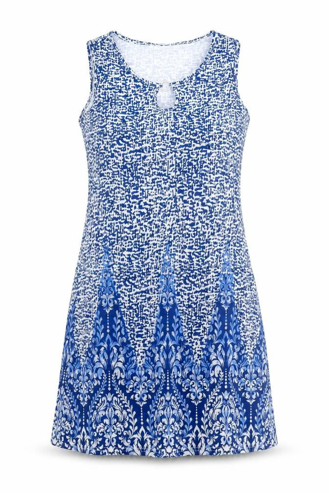 Front view of women’s blue geometric polyester shift, size L, round neck pullover - ring detail