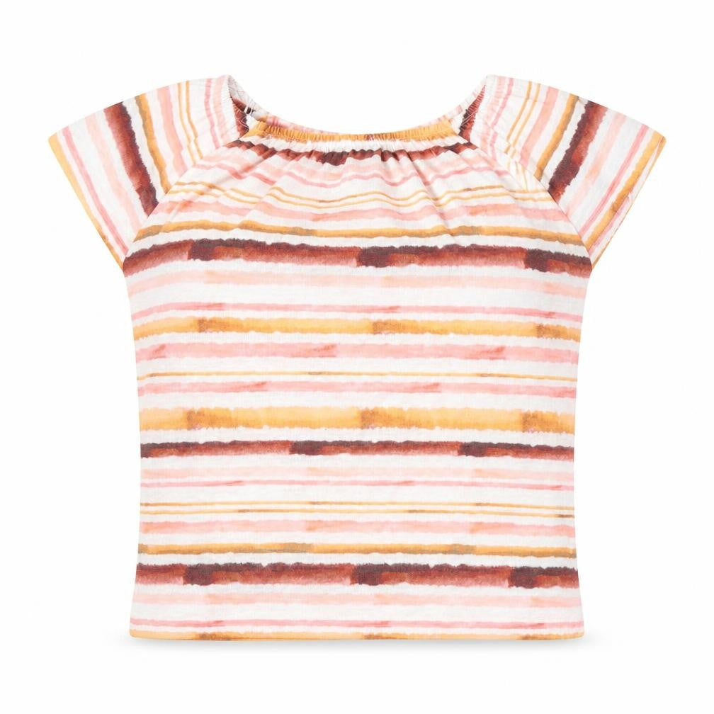 Front view of M&Co women’s multicoloured striped polyester basic t-shirt, size UK 12, off the shoulder - bardot