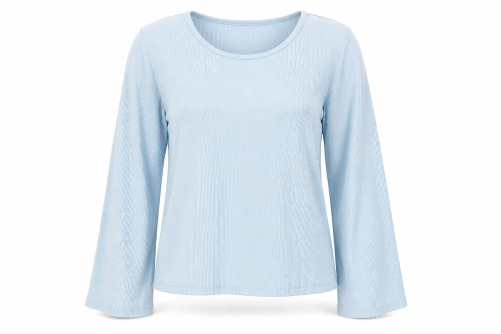 Front view of In the Style women’s blue cotton basic blouse, size UK 14, round neck