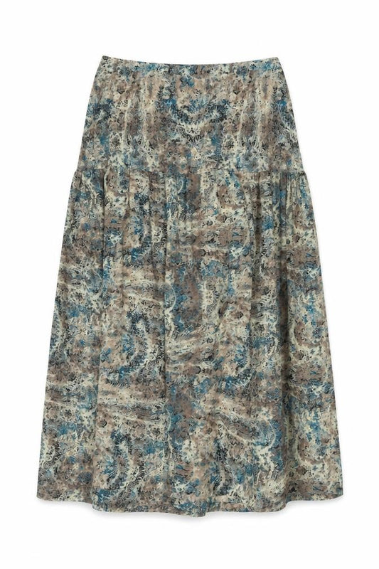 Front view of Preworn women’s beige geometric polyester peasant skirt, size UK 31, in zip