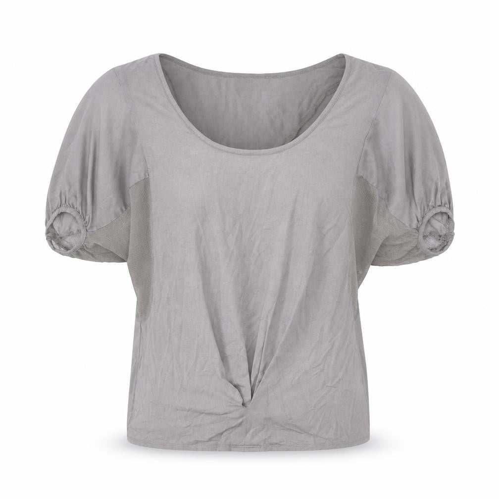 Front view of Warehouse women’s grey viscose basic blouse, size UK 10, round neck - twist detail