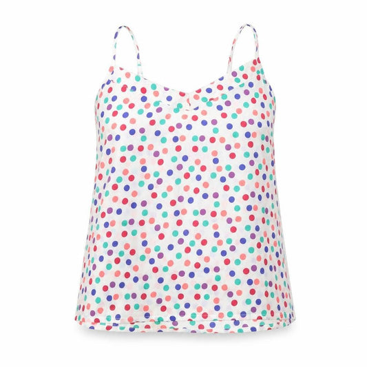 Front view of Adore women’s white polka dot polyester basic tank, size S, v-neck