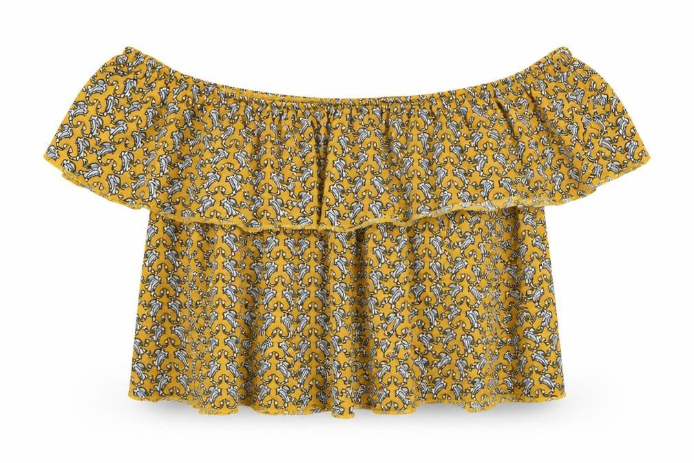 Topshop Womens Yellow Geometric Polyester Basic Blouse Size 6 Off the Shoulder