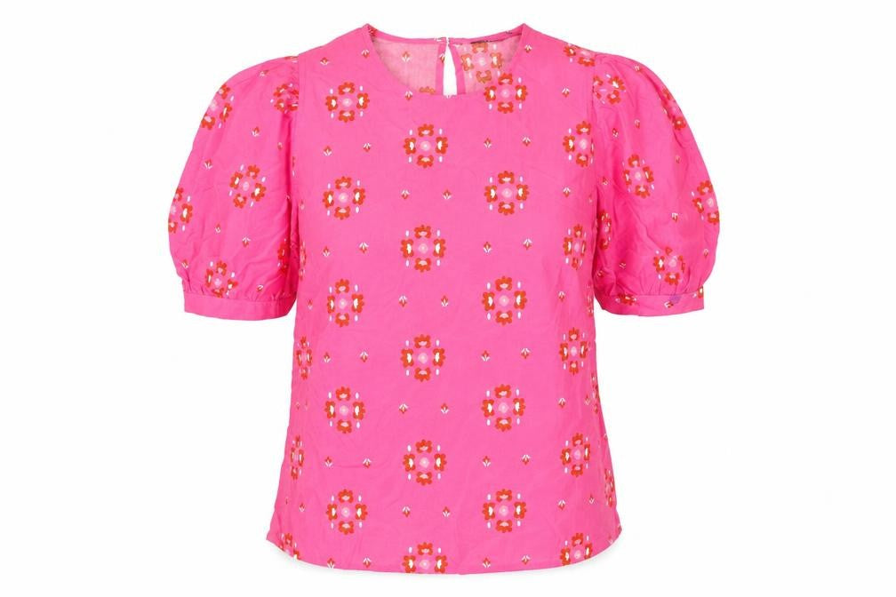 Front view of Marks & Spencer women’s pink geometric viscose basic blouse, size UK 12, round neck