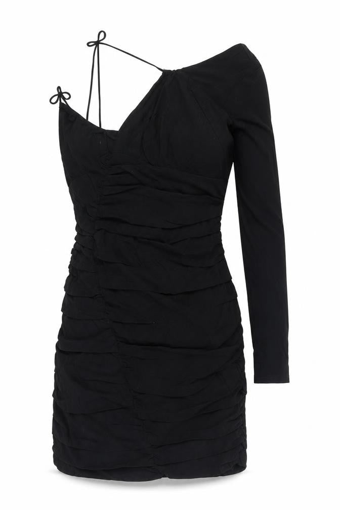 Front view of Zara women’s black linen mini, size XS, one shoulder zip