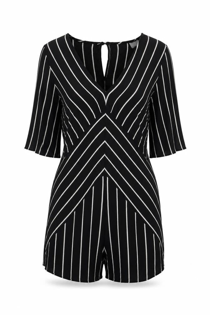 Front view of ASOS women’s black striped polyester playsuit one-piece, size UK 12, button