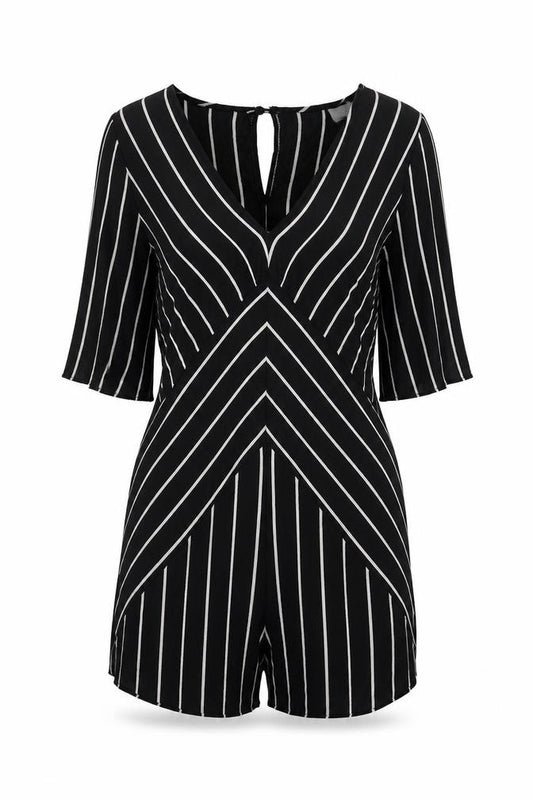 Front view of ASOS women’s black striped polyester playsuit one-piece, size UK 12, button